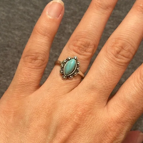 Women’s Silver w Turquoise Marquise Set Ring w Round Silver Accents, Sz 6.5 - Picture 6 of 7